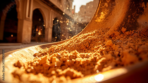 Close-up of golden sand pouring from a shovel into a courtyard with ancient architecture in the background.