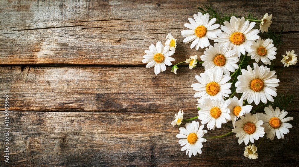 Fototapeta premium An artistic arrangement of white daisies on a rustic wooden table, top-down shot, Naturalistic style