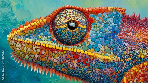 Vibrant colorful reptile close up, mosaic animal art, detailed chameleon eye, vivid textured image, nature-inspired artworks photo