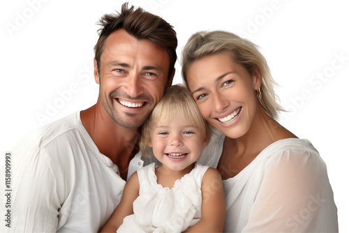 Happy white family portrait on a transparent background, showcasing love, togetherness, and joyful moments, perfect for themes of family values, parenting, and emotional connections. Png cut out. photo