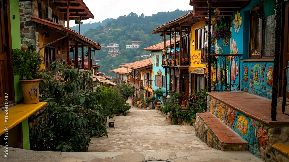 Colorful hillside street with vibrant houses, plants, and cobblestone path. Colorful hillside street with vibrant houses, plants, and cobblestone path.