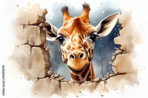 Giraffe  Portraite of Happy surprised funny Animal head peeking watercolor handmade style Illustration photo