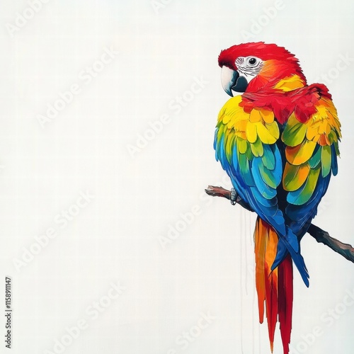 Bright parrot perched on a branch with vibrant feathers against a clean background for creative design space. Generative AI