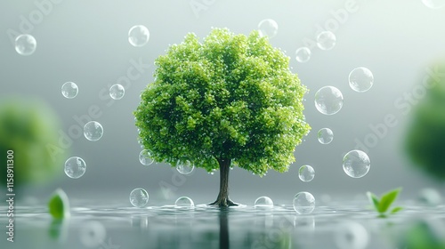 Net zero and ESG concept. A vibrant green tree surrounded by bubbles and soft leaves on a reflective surface.