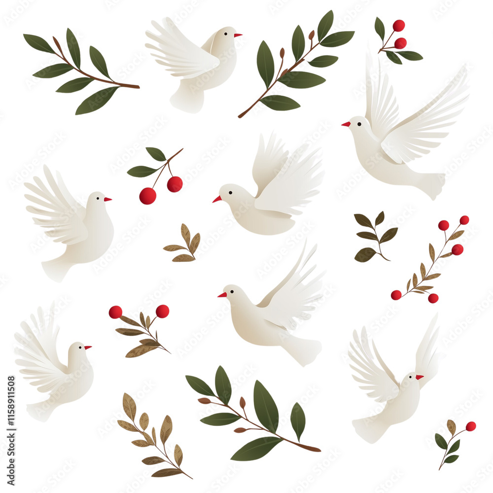 A set of white dove illustrations with olive branches A set of white dove illustrations with olive branches