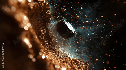 Dark rock falling into a dark abyss with sparks.