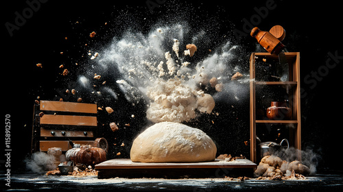 Dough explosion with flour and ingredients.
