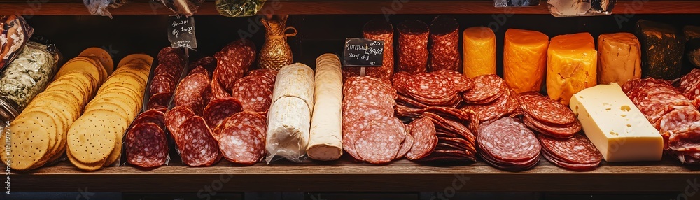 Assorted meats and cheeses displayed on a wooden board. Assorted meats and cheeses displayed on a wooden board.