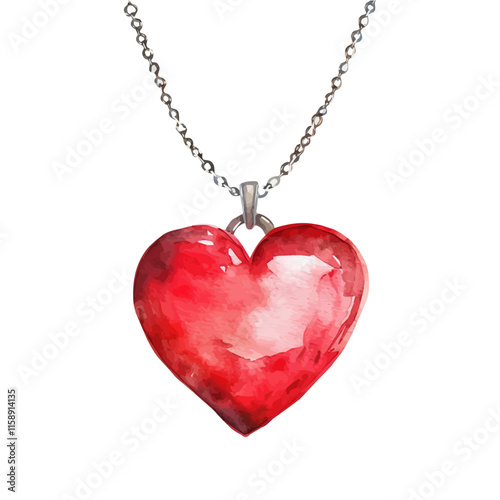 A watercolor painting of a red heart-shaped pendant necklace, isolated on a white background. Valentine's Day vector.
