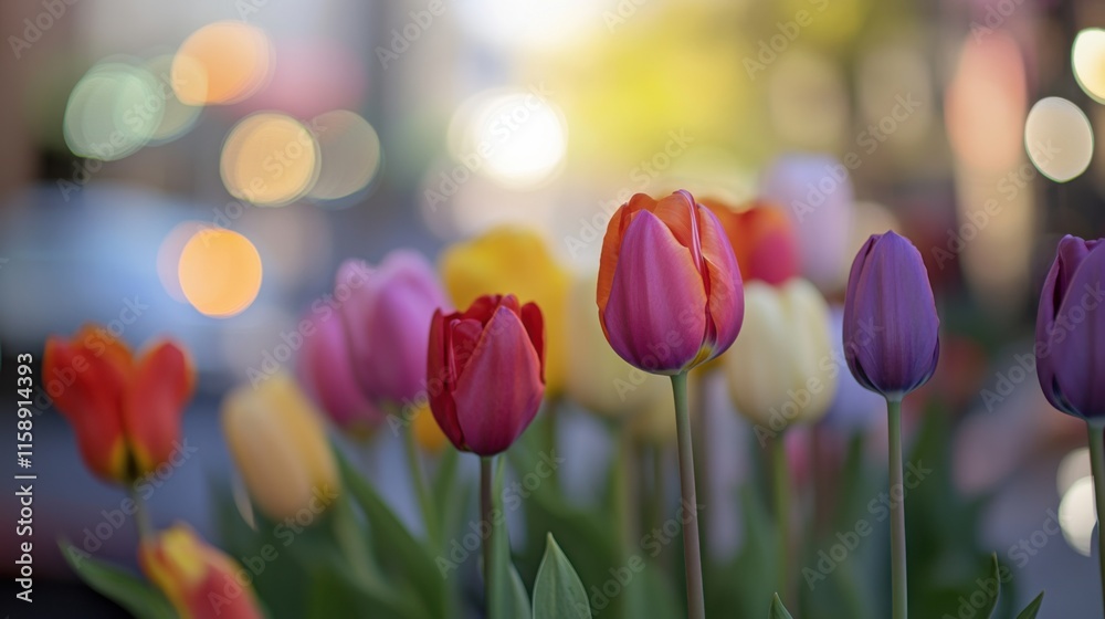 An artistic display of vibrant tulips in various colors against a blurred urban street backdrop, close-up shot, Urban style An artistic display of vibrant tulips in various colors against a blurred urban street backdrop, close-up shot, Urban style
