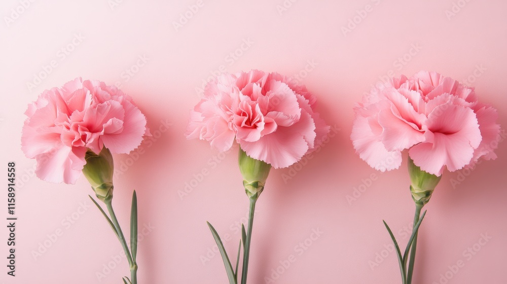 Fototapeta premium An elegant arrangement of pink carnations on a soft pastel background, close-up shot, Minimalist style