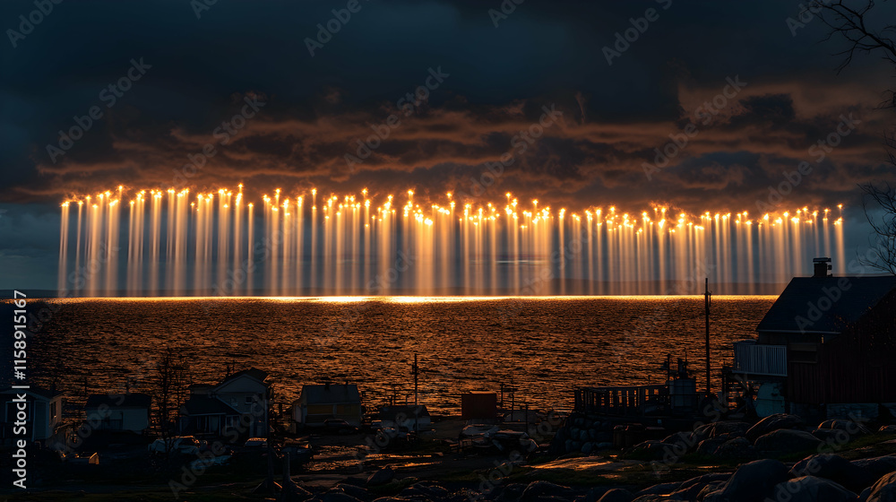 Fototapeta premium Fiery light beams rising from calm sea at night, reflecting on water surface.
