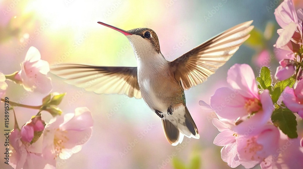 Fototapeta premium A hummingbird hovers over pink flowers in a sunlit area of a floral paradise, featuring a stunningly vivid pink flower and a captivating hummingbird in the fore