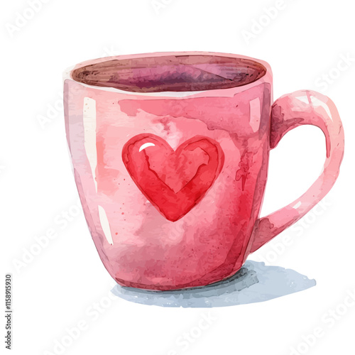 A watercolor drawing of a love theme mug with a heart, isolated on a white background. Valentine's Day vector.

