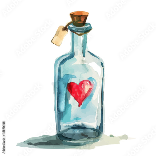 A watercolor drawing of a love note in a bottle, isolated on a white background. Valentine's Day vector.
