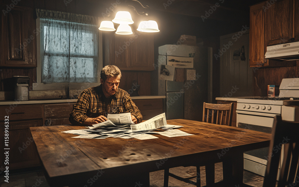 Man Overwhelmed by Bills and Bureaucracy in a Rustic Setting, Highlighting Financial Struggles and Everyday Challenges Man Overwhelmed by Bills and Bureaucracy in a Rustic Setting, Highlighting Financial Struggles and Everyday Challenges
