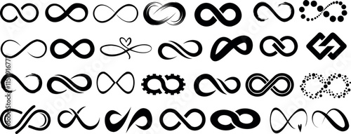 Infinity symbols vector icons, modern black designs, abstract loops, endless signs, infinity logo elements, creative motifs, sleek patterns, interconnected shapes, continuous cycle, limitless concepts