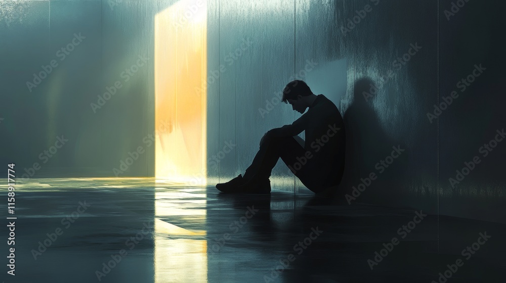 Silhouette of Person Sitting in Dark Room with Backlit Door, Shadows on Wet Floor, Mysterious Atmosphere, Moody Scene Silhouette of Person Sitting in Dark Room with Backlit Door, Shadows on Wet Floor, Mysterious Atmosphere, Moody Scene