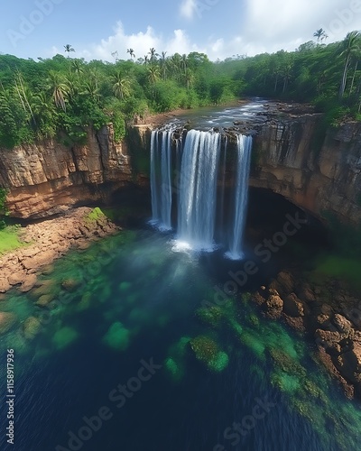 Lush green tropical waterfall cascading into a pristine pool.