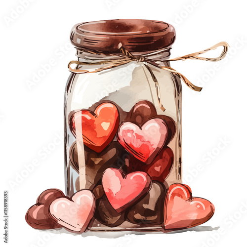 A watercolor painting of love heart-shaped chocolates in a jar, isolated on a white background. Valentine's Day vector.
