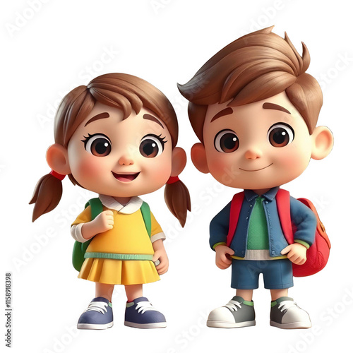 Smiling Boy and Girl School Kids Standing Together – Transparent Background