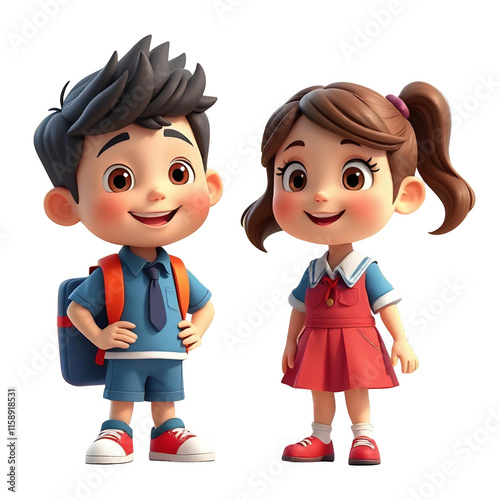 Happy 3D School Boy and Girl Cartoon Transparent Background