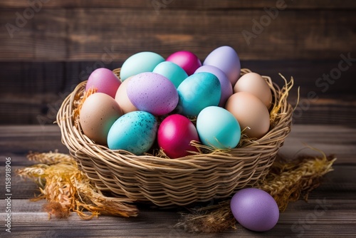 Colorful fresh eggs in a basket on a wooden background photo