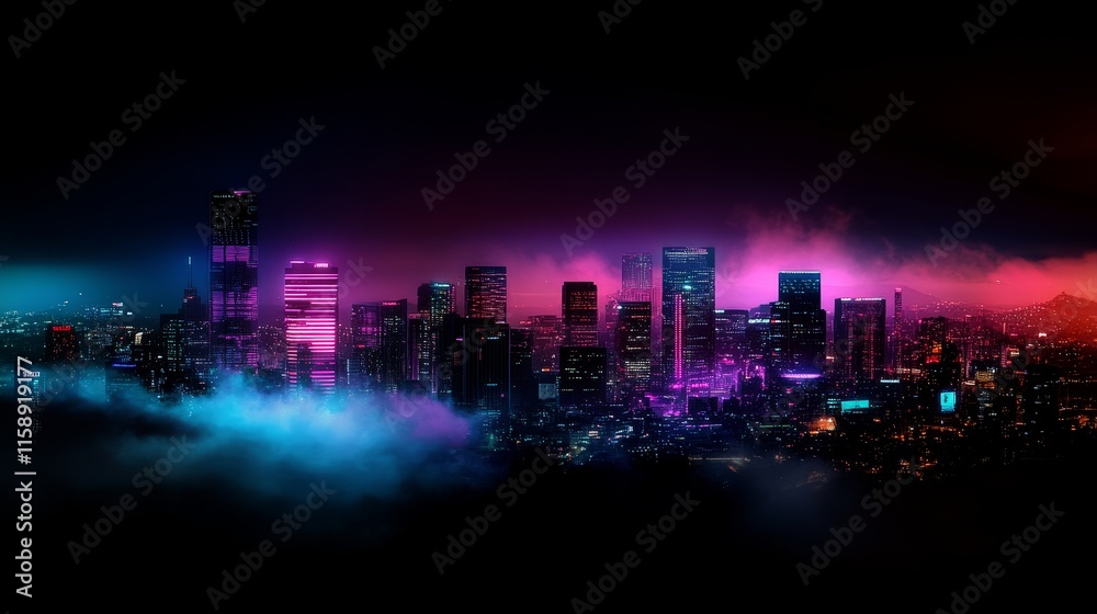 Fototapeta premium Colorful Cityscape Next To Water And Trees, Neon Lights Illuminating Skyscrapers In A Nighttime Urban Skyline, Purple Red And Pink Hue