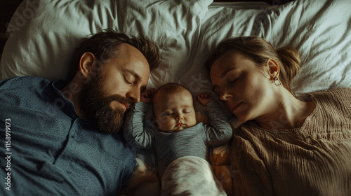 Family Resting in Bed Together Highlighting Parenthood, Bonding, and Warm Emotional Connections in a Cozy Bedroom Setting photo