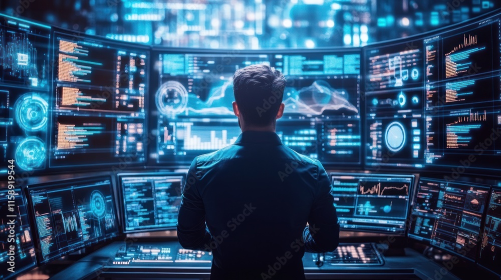 Man viewing data on multiple monitors in a control room. Man viewing data on multiple monitors in a control room.