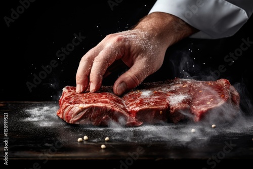 Cooking steak with chef s hands seasoning with salt and pepper on black background for restaurant menu or recipe