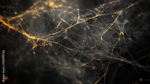 Intricate golden spiderwebs fake cobwebs and spider decorations hanging with dark black grunge background, Halloween themes, spooky horror decor, eerie mysterious atmosphere, haunted house atmosphere photo