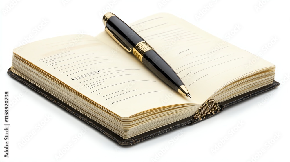 Open notebook with blank pages and a luxury pen on a white background. Open notebook with blank pages and a luxury pen on a white background.