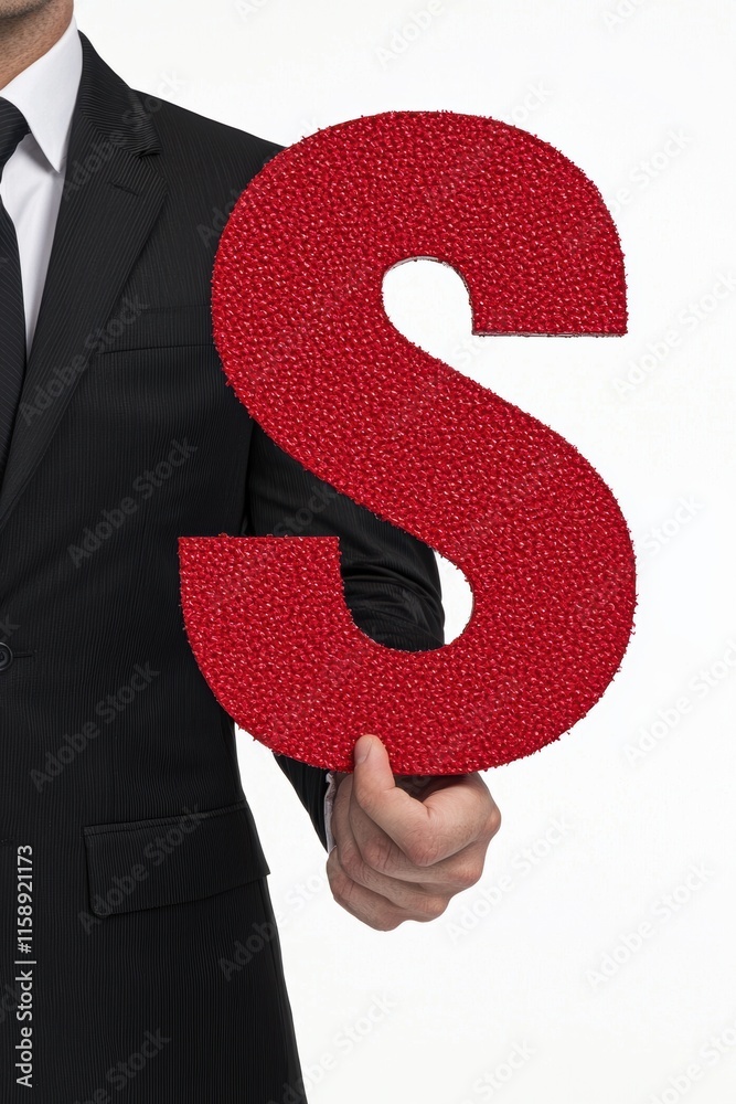 Businessman Holding Textured Red Letter S in Formal Attire Businessman Holding Textured Red Letter S in Formal Attire