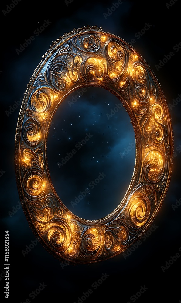 Ornate golden oval frame glowing in dark night sky. Ornate golden oval frame glowing in dark night sky.