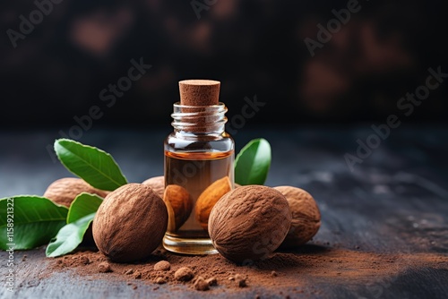 Dark stone background with nutmeg essential oil