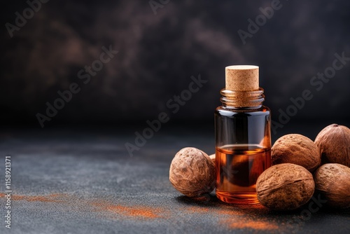 Dark stone background with nutmeg essential oil