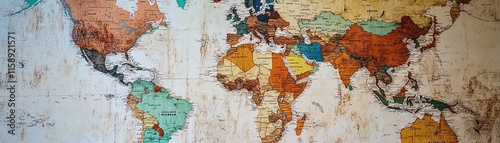 Vintage world map with colorful continents and faded details, ideal for decor. photo