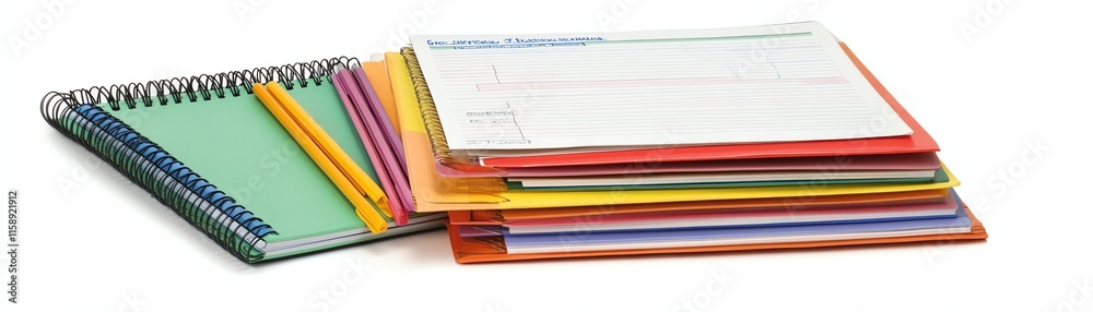 Colorful stack of notebooks and folders on white isolate background Colorful stack of notebooks and folders on white isolate background