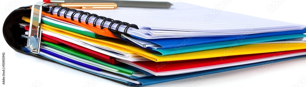 Stack of colorful folders, binder, and papers on a white isolated background. Stack of colorful folders, binder, and papers on a white isolated background.