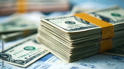 Close-up of a stack of cash with financial documents, symbolizing illegal financial activities, money laundering, corruption, or financial crime concepts.