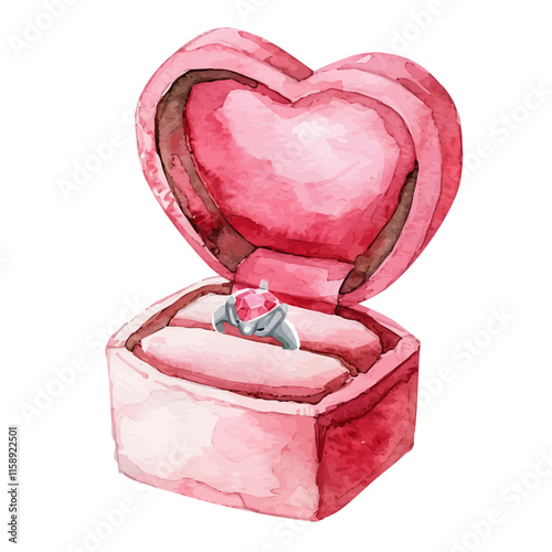 A watercolor illustration of a heart-shaped ring box, isolated on a white background. Valentine's Day vector.
