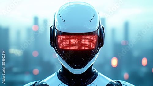 Futuristic Robot Portrait with Bright Red LED Eyes in Urban Setting