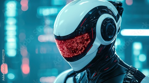 Futuristic Robot Head Design with Digital Display and Neon Lights
