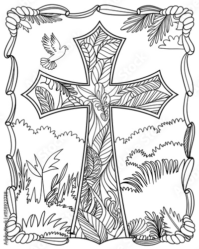 Christian cross religious symbol coloring page, christian art coloring book