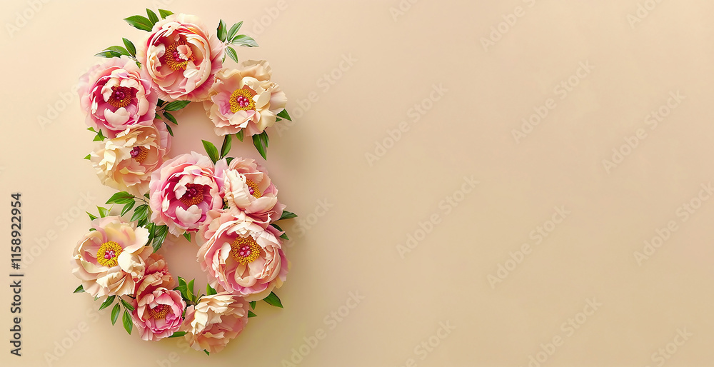 Naklejka premium The number 8 is made of beautiful natural pink peonies on a pastel beige background
