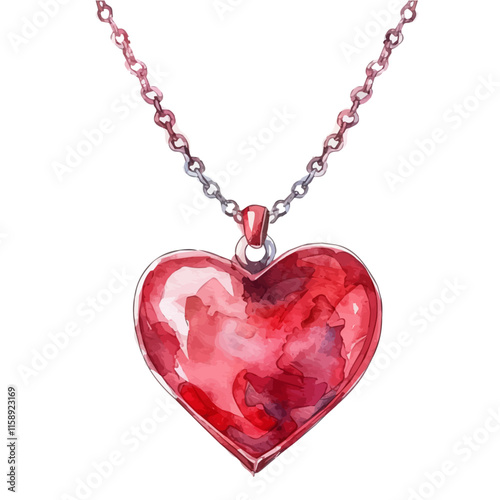 A watercolor painting of a heart-shaped pendant necklace, isolated on a white background. Valentine's Day vector.
