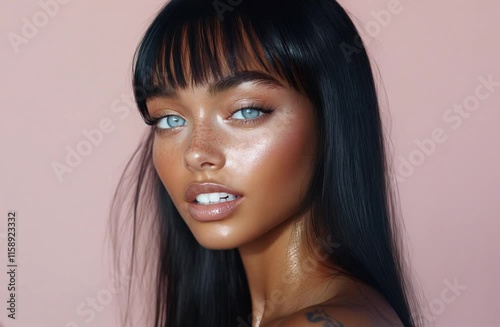 Closeup portrait of a very beautiful ebony female model with bright blue eues and pearly white teeth looking at camera isolated on pastel pink background.
