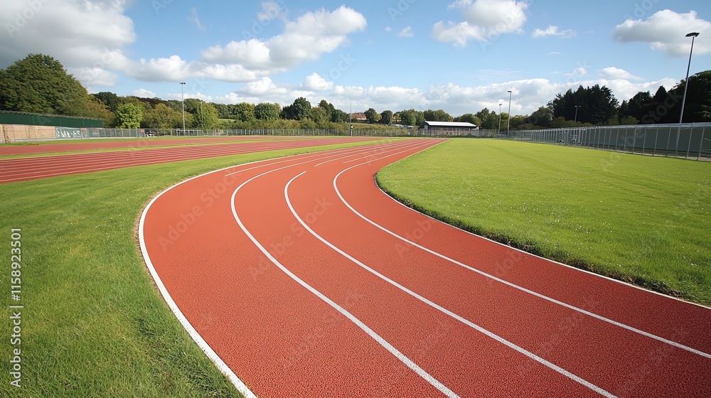 Curved athletic track with green grass and blue sky in the background. Curved athletic track with green grass and blue sky in the background.