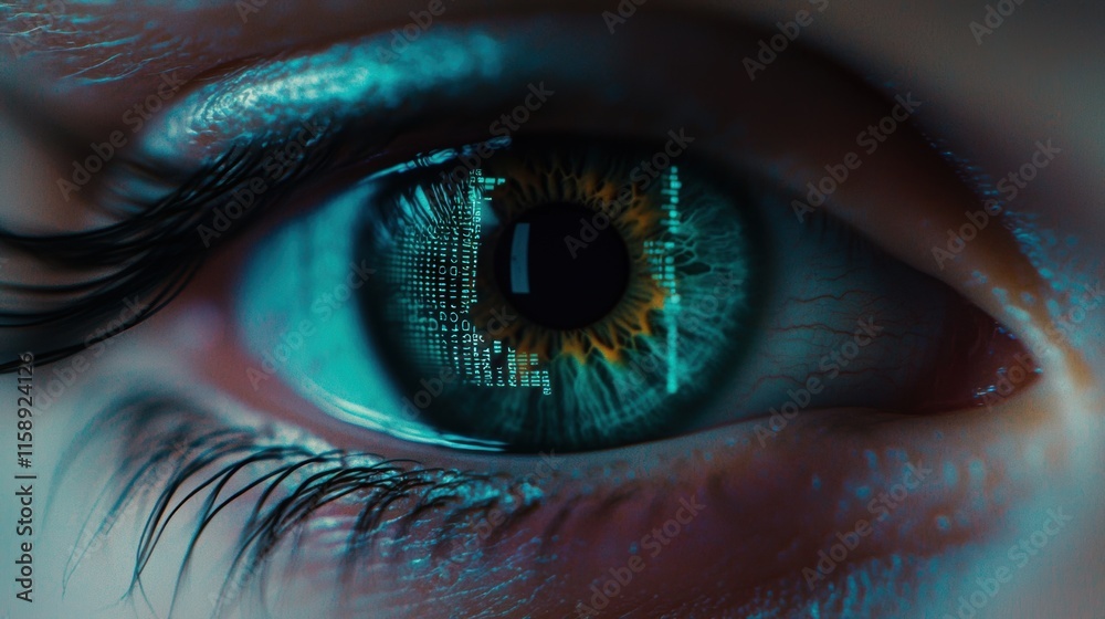 Fototapeta premium Close-up of Eye with Digital Code Reflection and Vibrant Colors